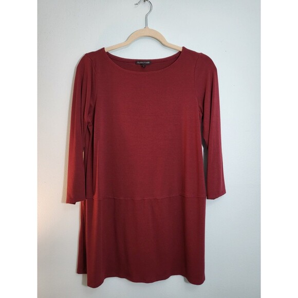 EILEEN FISHER Top S Stretch Viscose Jersey Tunic Boat Neck 3/4 Sleeve Burgundy - Picture 1 of 6